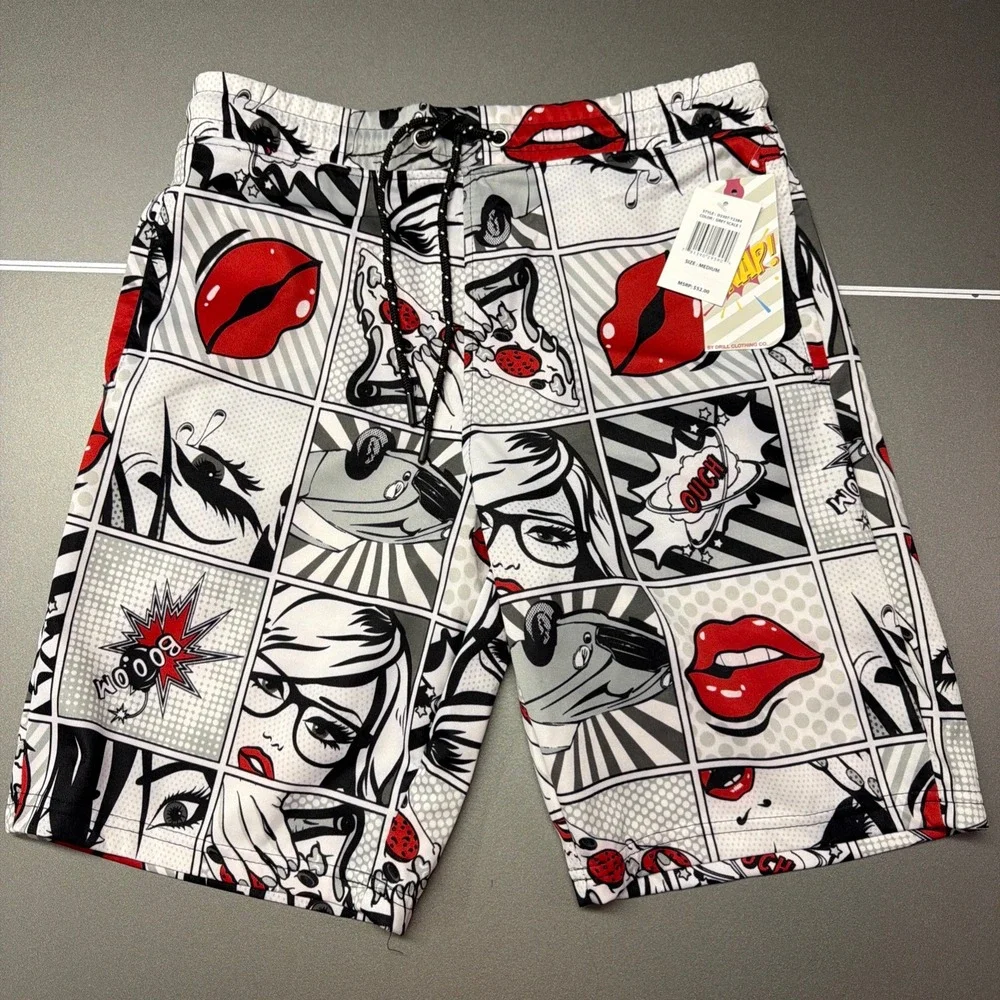 Drill Clothing Co. Men's Shorts Medium White Black Red Pop Art NWT